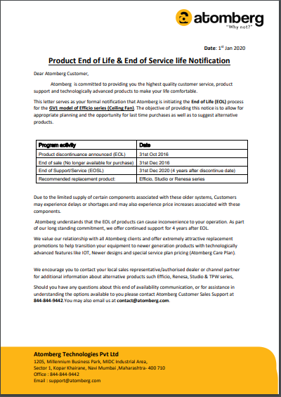 Atomberg product EOL-EOSL policy Gorilla Version1