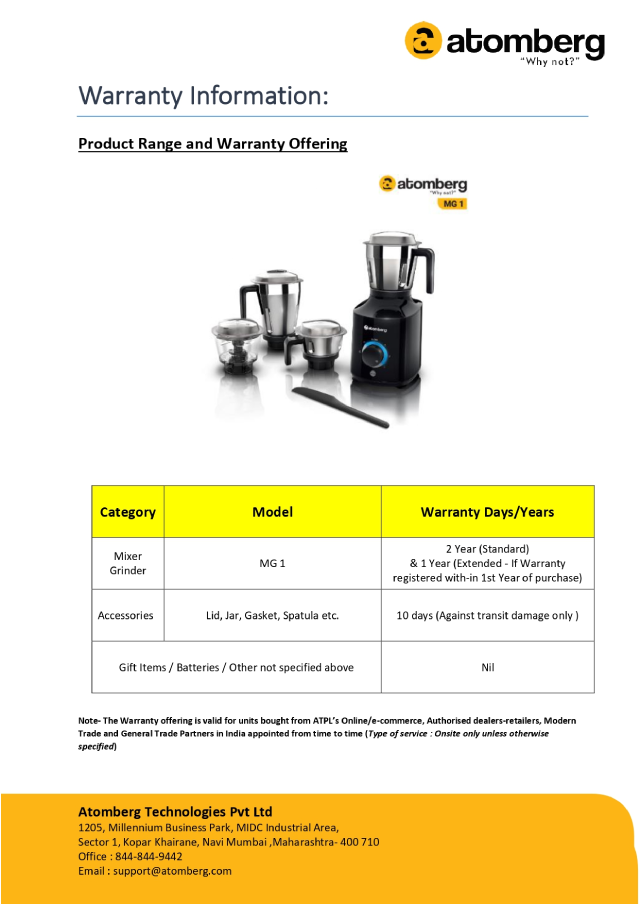Atomberg Product MG warranty durations and T&C